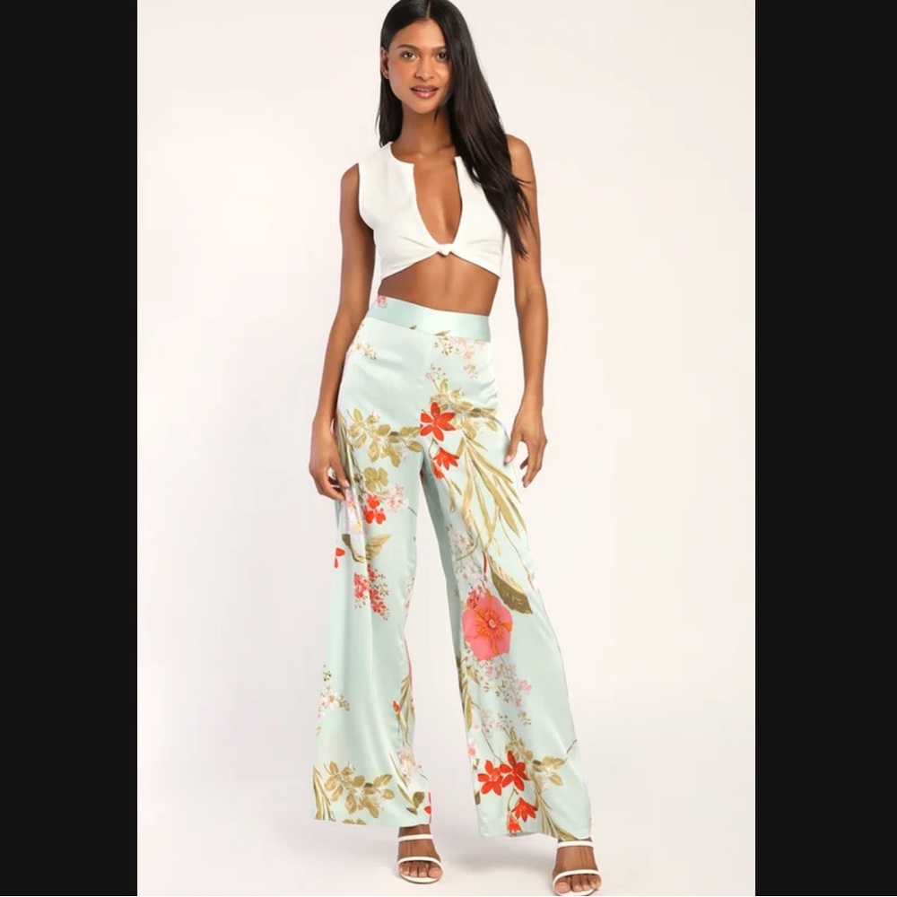 Thriving Vibes Mint Green Floral Print Satin Wide-Leg Pants